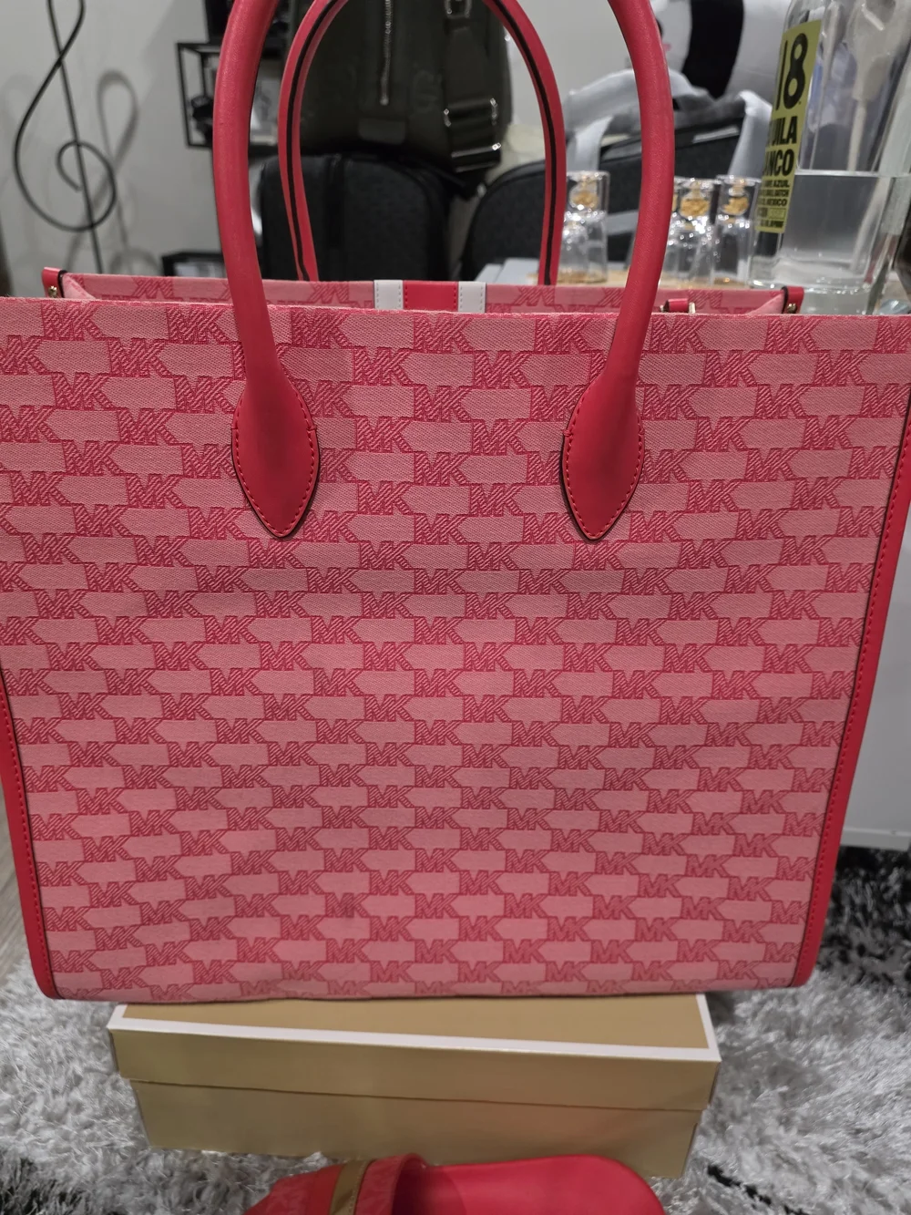 Michael Kors Grapefruit Pink Signature Stripe Tote with Matching Slides